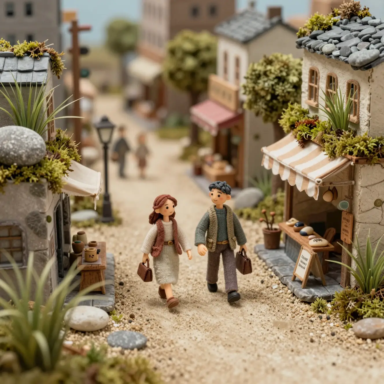 Verspieltes Miniatur-Stadt-Diorama mit winzigen spazierenden Figuren