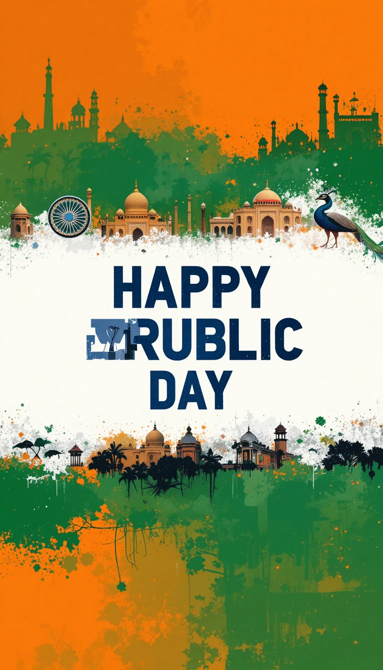 Póster collage del Día de la República de India con tricolor e íconos culturales