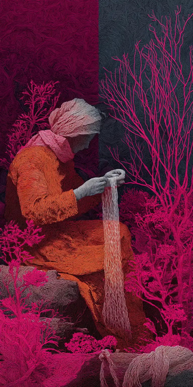 Mystical woman weaving shimmering threads of dream stories