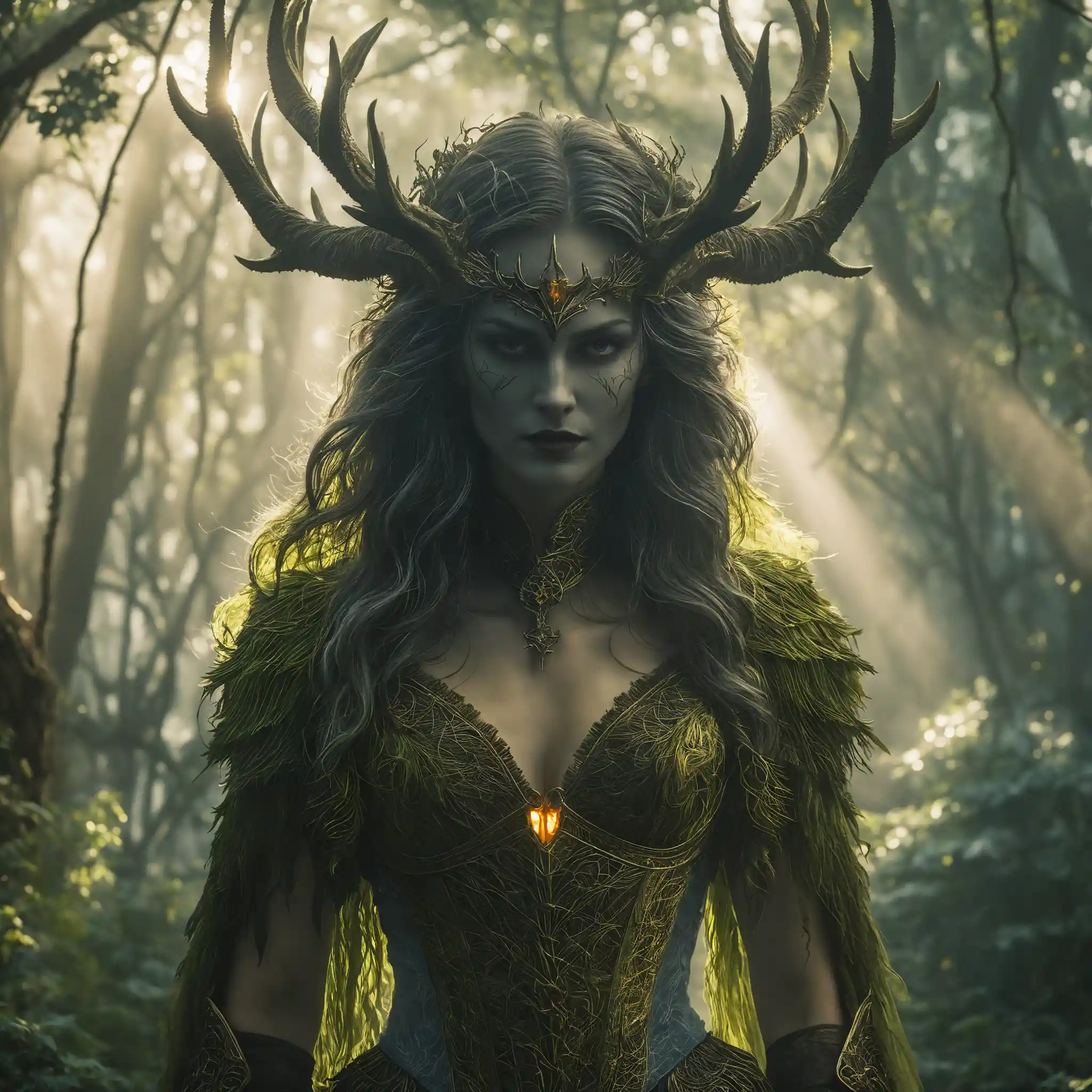 Gothic fantasy woman standing in moonlit cinematic scene