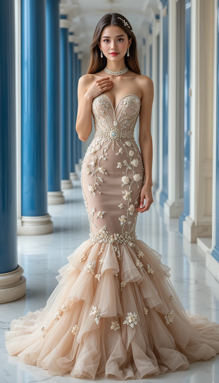 Elegant woman in pearl embellished mermaid evening gown