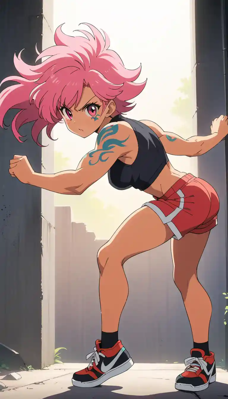 Tattooed woman in martial arts kick against concrete wall