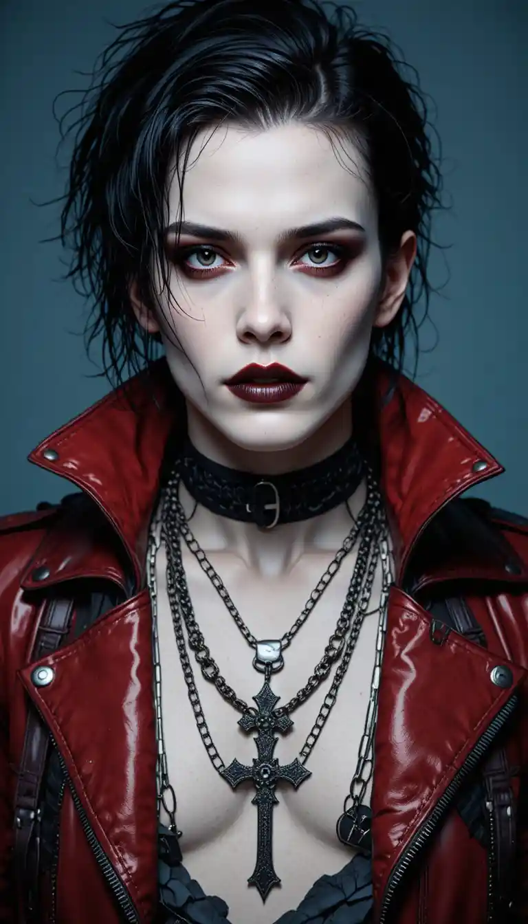 Gothic man in red and black leather with intense stare
