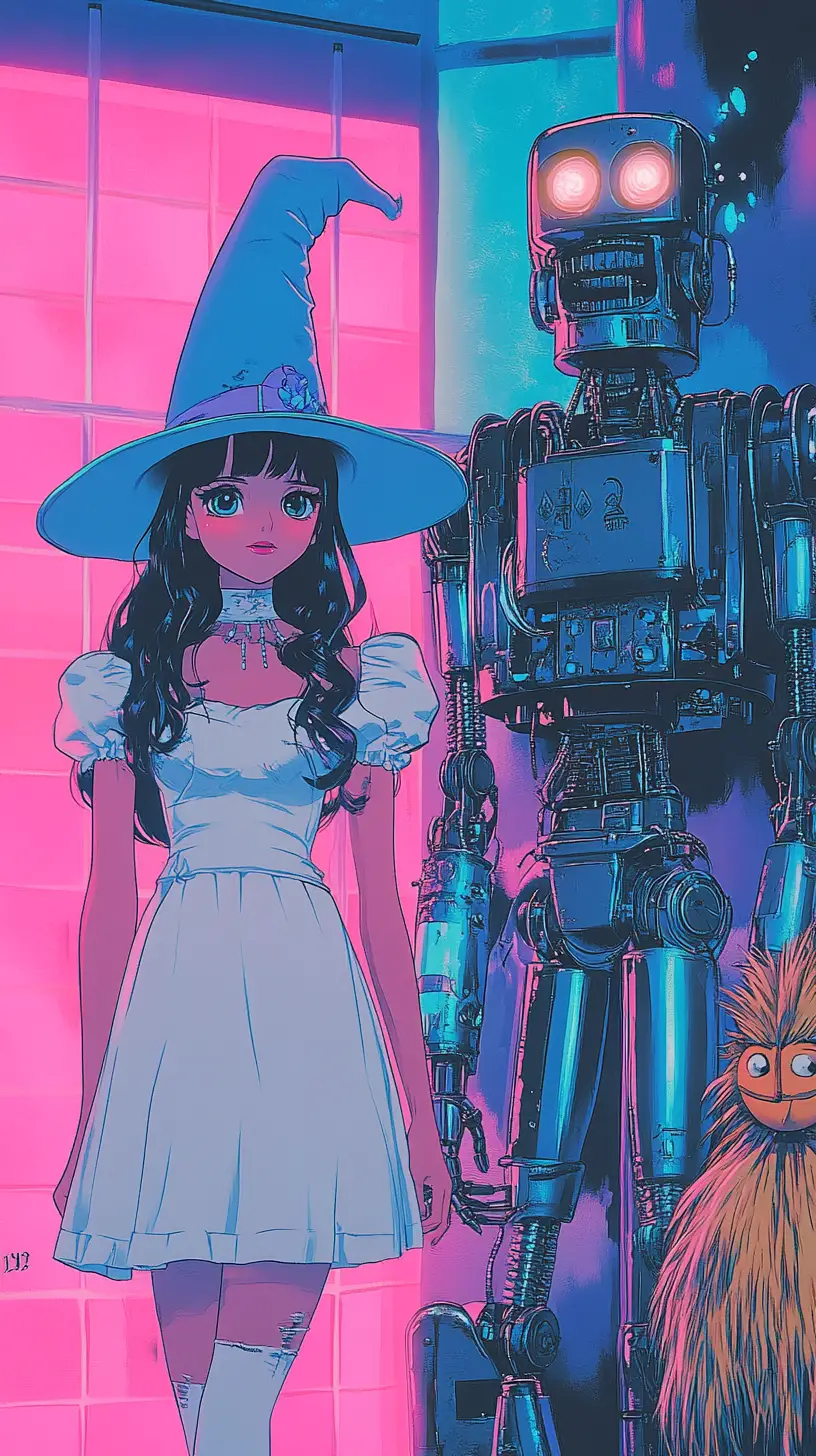 漸層牆前的復古卡通魔女少女機器人與離子