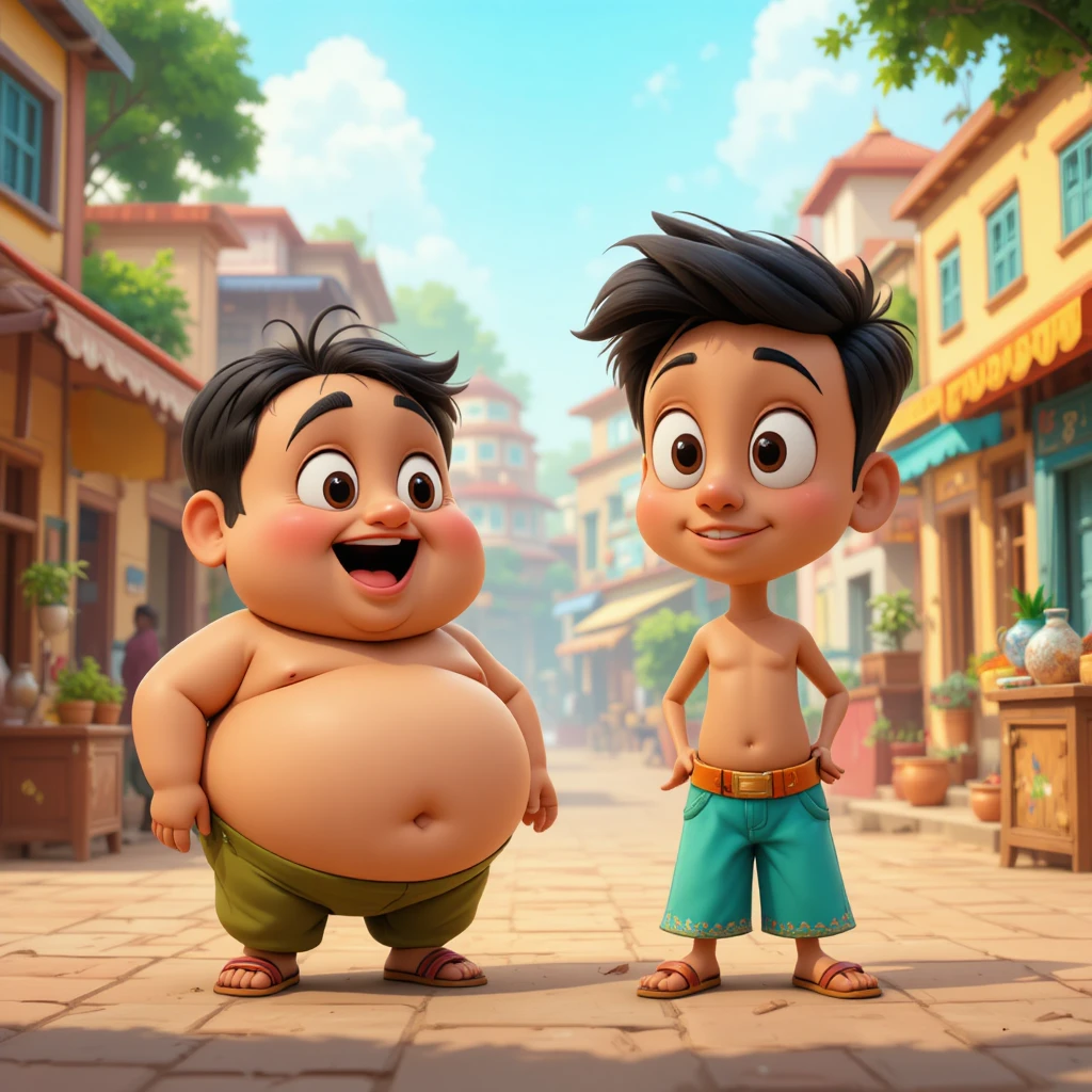 Two funny Indian cartoon friends on a colorful city street