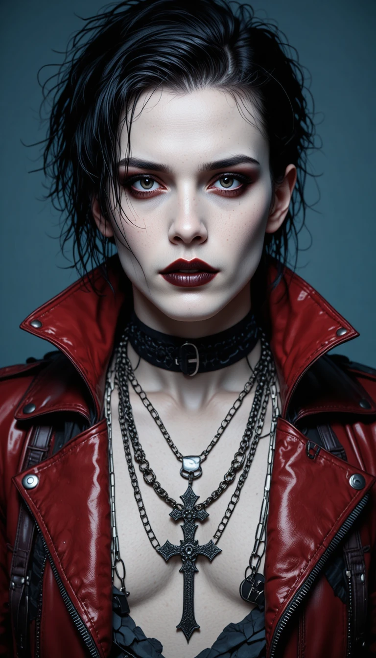Gothic man in red and black leather with intense stare