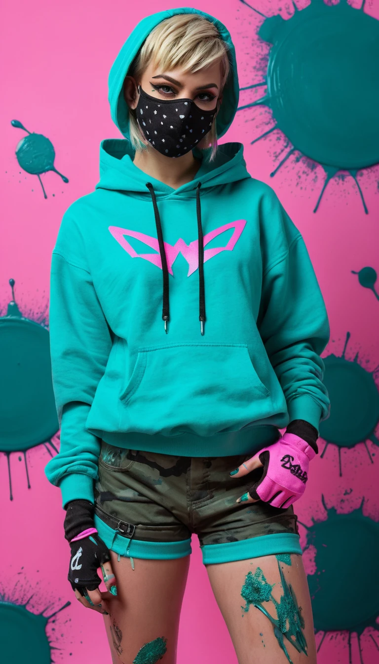Mulher tatuada estilosa com roupa em verde-azulado em fundo rosa com tinta