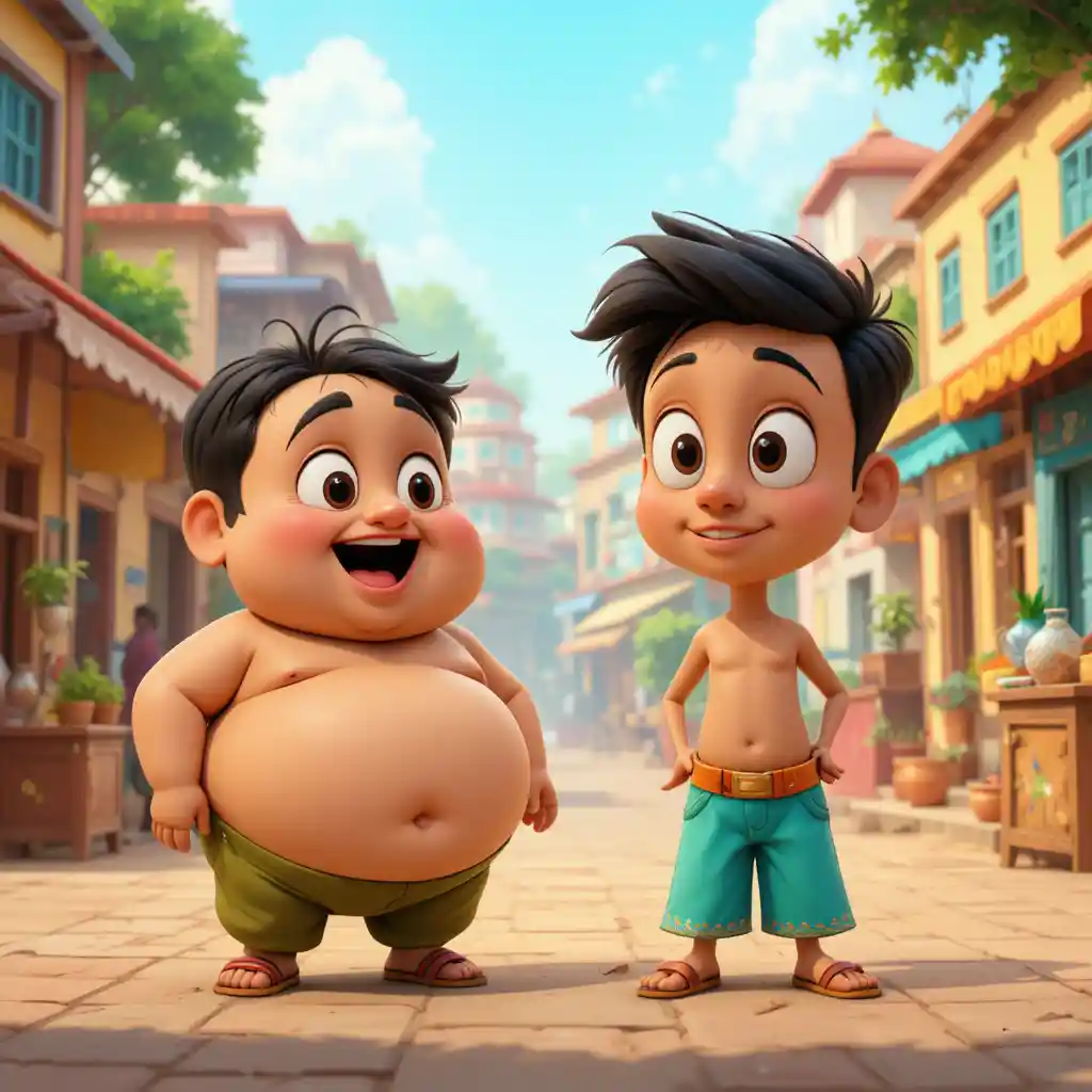 Zwei lustige indische Cartoon-Freunde auf einer bunten Stadtstraße