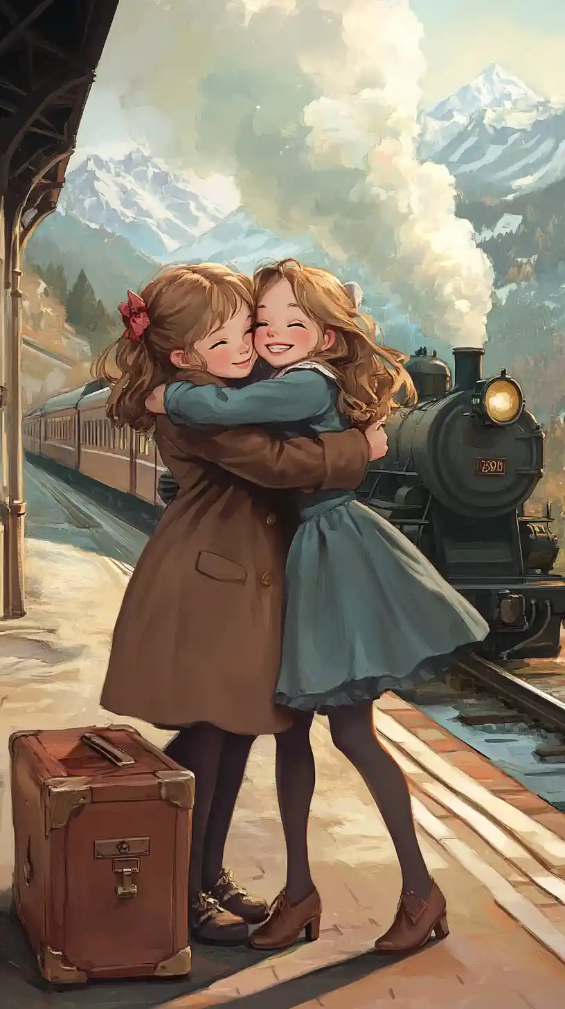 Two anime girls hugging on a nostalgic train platform
