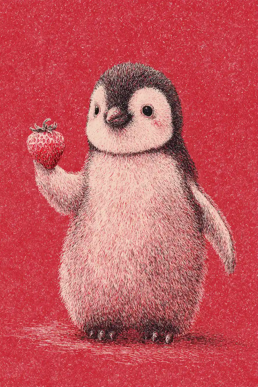 Cute penguin holding a strawberry in woolen risograph style