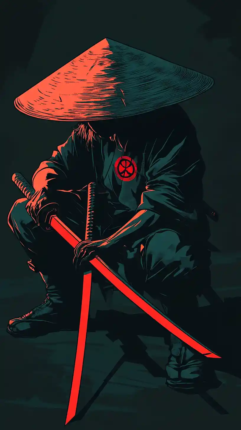 Guerrier stoïque avec katana lumineux dans un style vectoriel dramatique