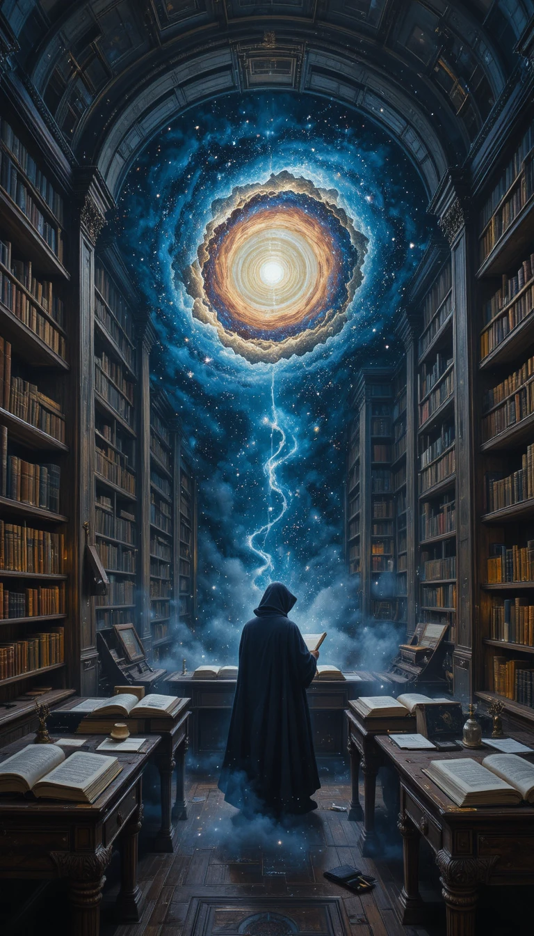 Savante solitaire étudiant une galaxie dans une bibliothèque cosmique
