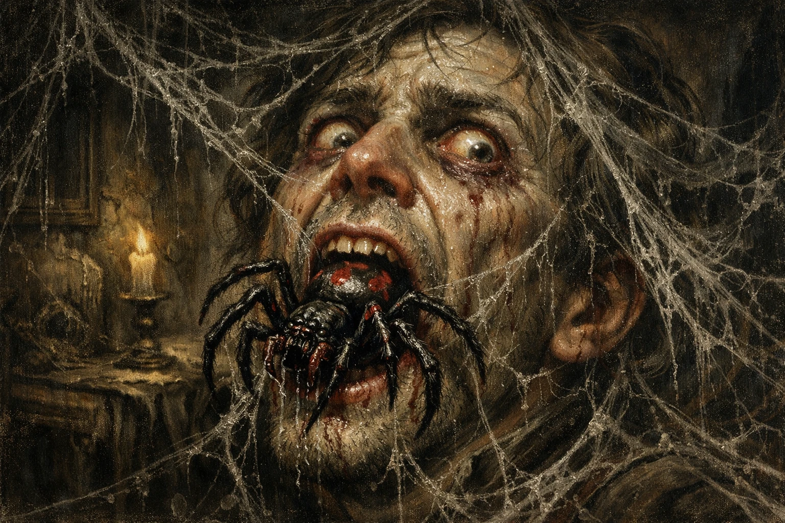Terrified man with spider crawling from his mouth in darkness