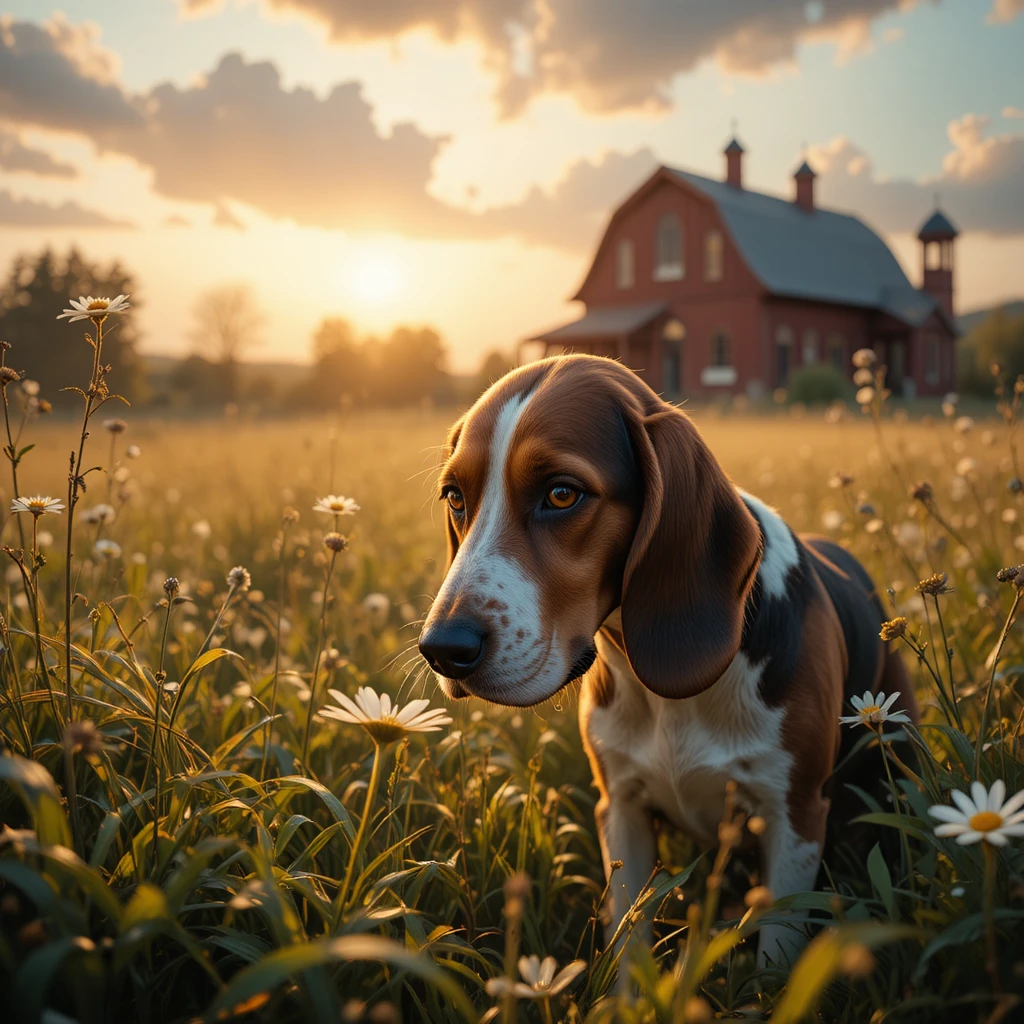 Dog Sniffing Daisy In A Dreamy Farmyard At Sunset