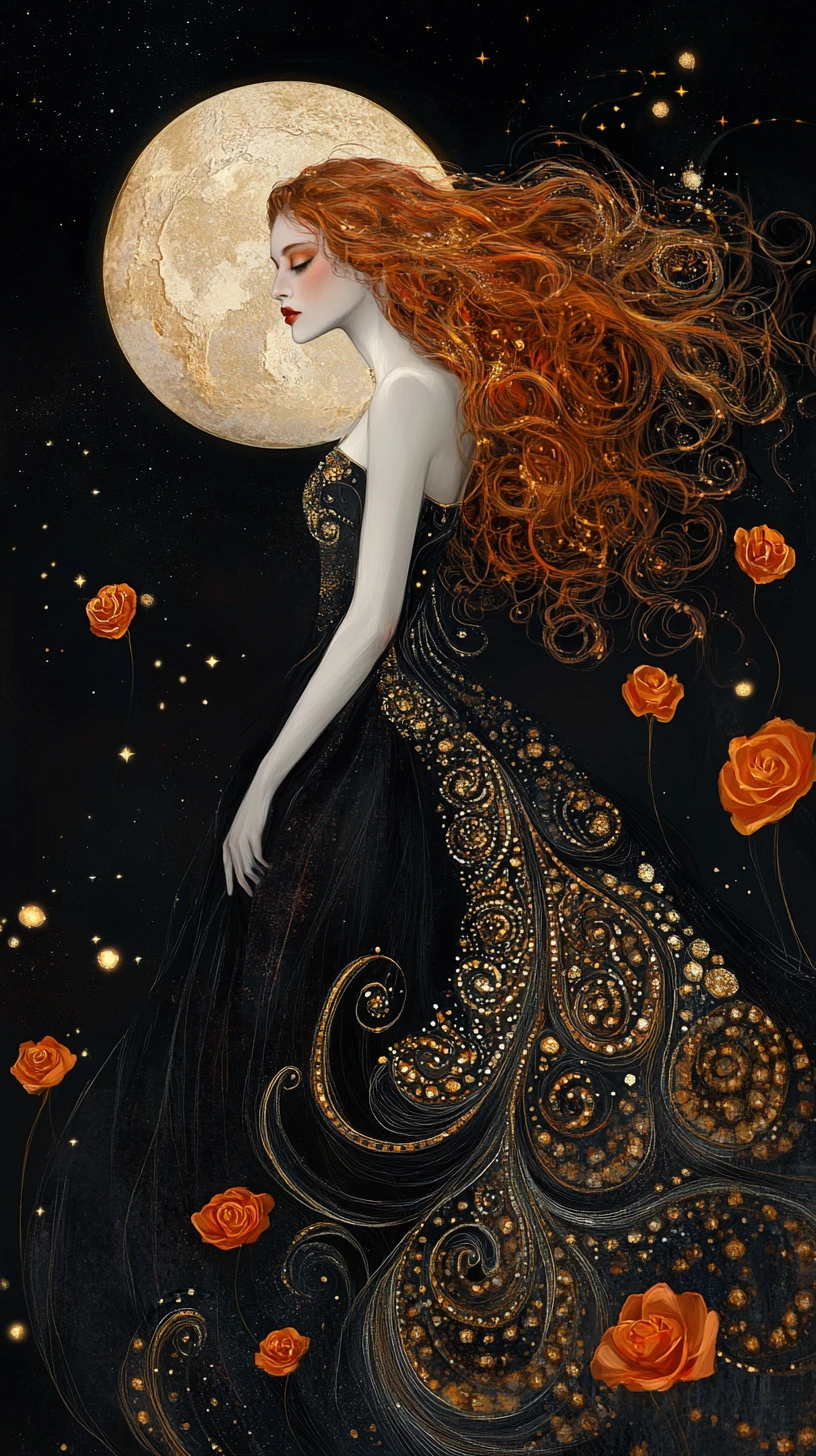 Melancholic Red Haired Woman Before A Golden Moon