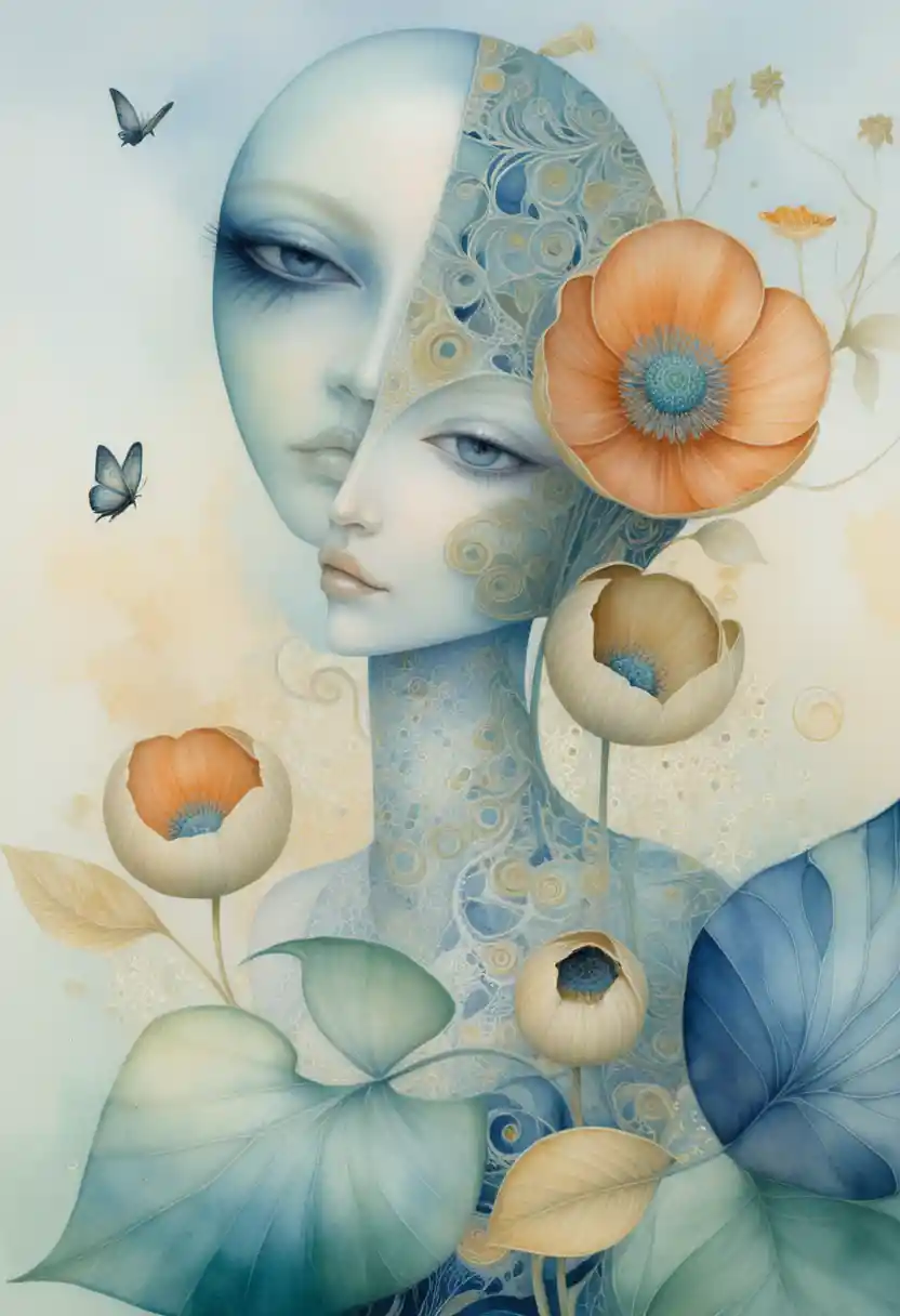 Surreal split portrait of an ethereal woman with floral crown