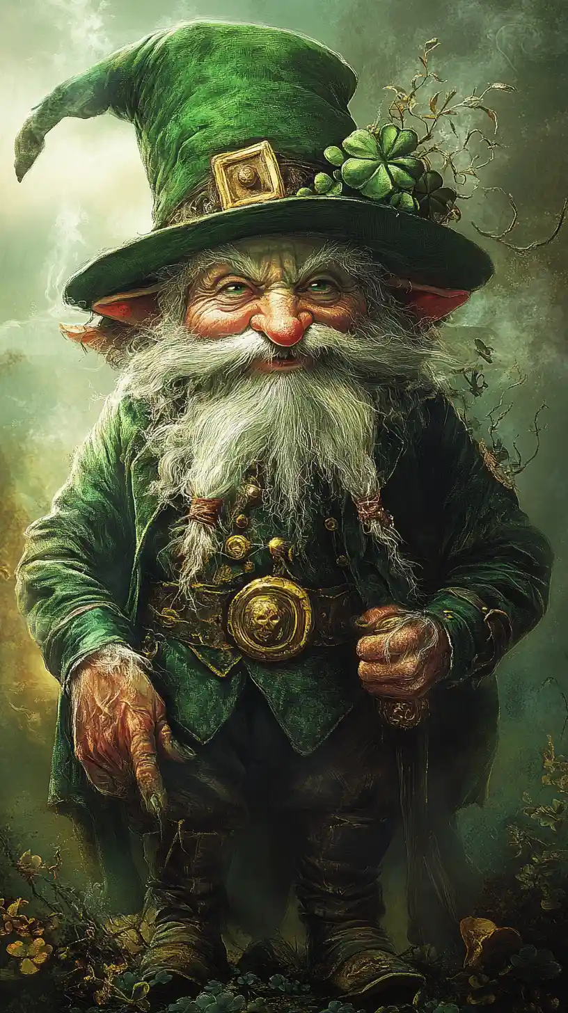 Leprecauno dispettoso con cappotto verde che custodisce oro nascosto