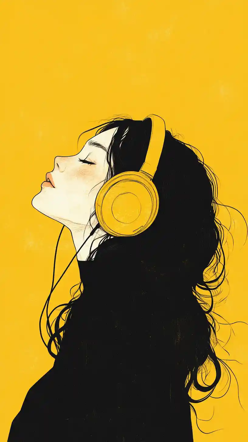 Garota de perfil com fones de ouvido amarelos em fundo amarelo