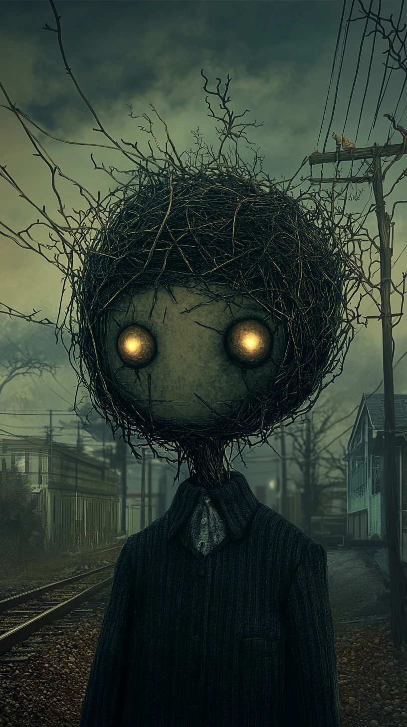 Figura fantasmagórica surgindo em uma paisagem sombria e distópica de Halloween