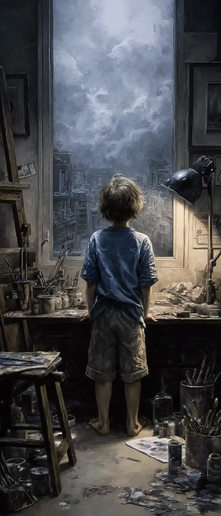 Jovem artista afasta-se de uma tela meio terminada