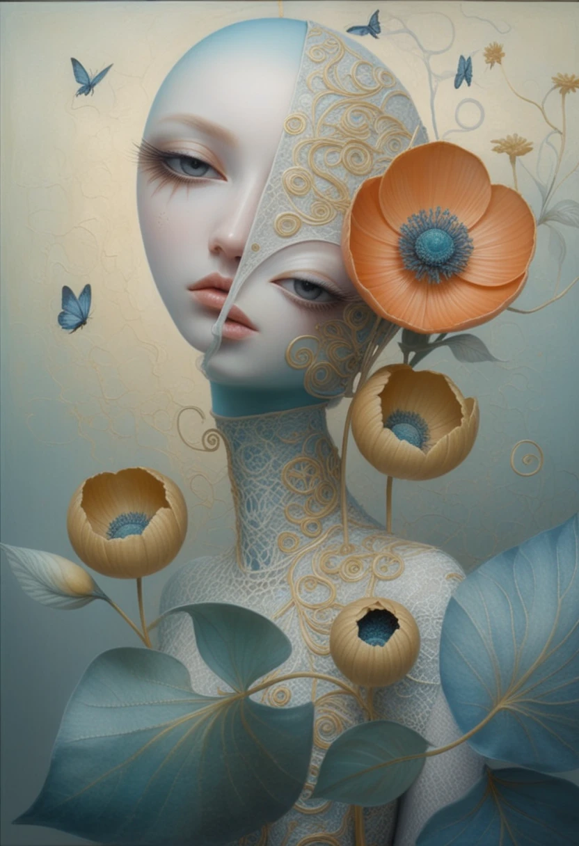 Surreal split portrait of an ethereal woman with floral crown
