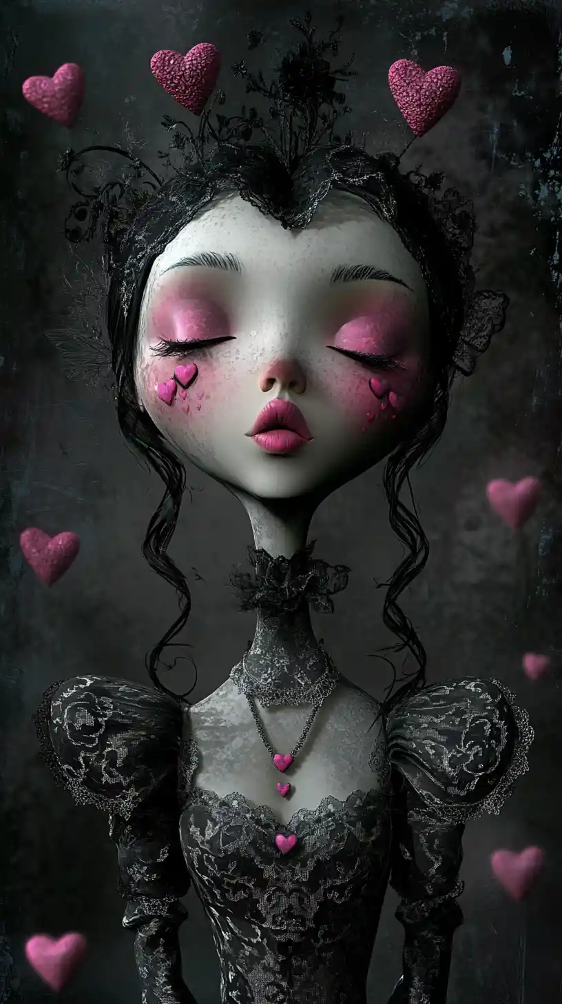 Surreal chick with heart shaped head in lace dress