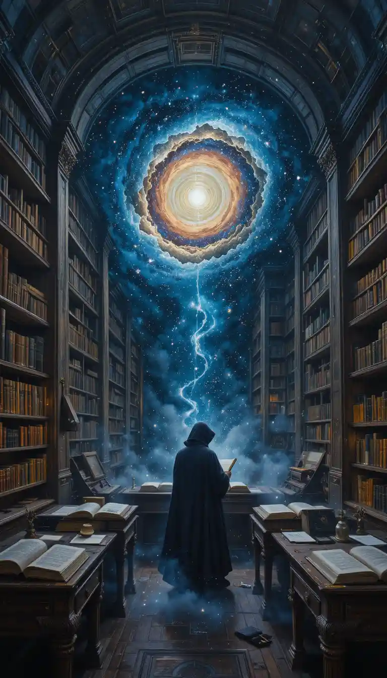 Lone Scholar Studying A Galaxy In A Cosmic Library