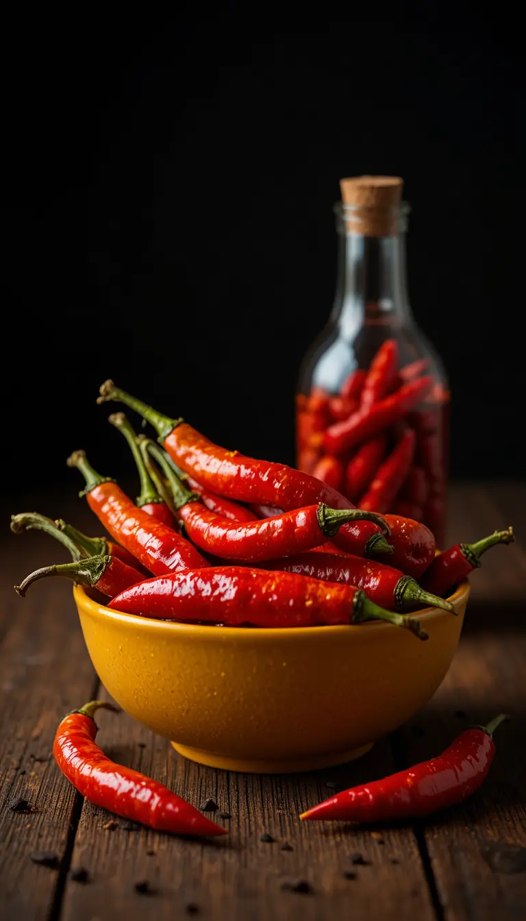 Piments rouges vifs dans un bol avec contraste de bouteille en verre
