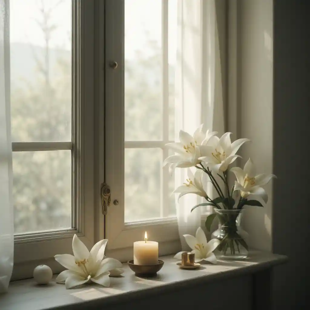 Flores de lírio branco junto à janela na suave luz da manhã