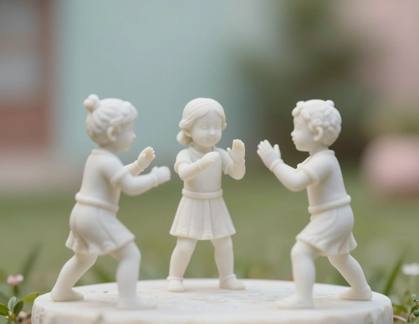 Weiße Marmorskulptur spielender Kinder im weichen Bokeh
