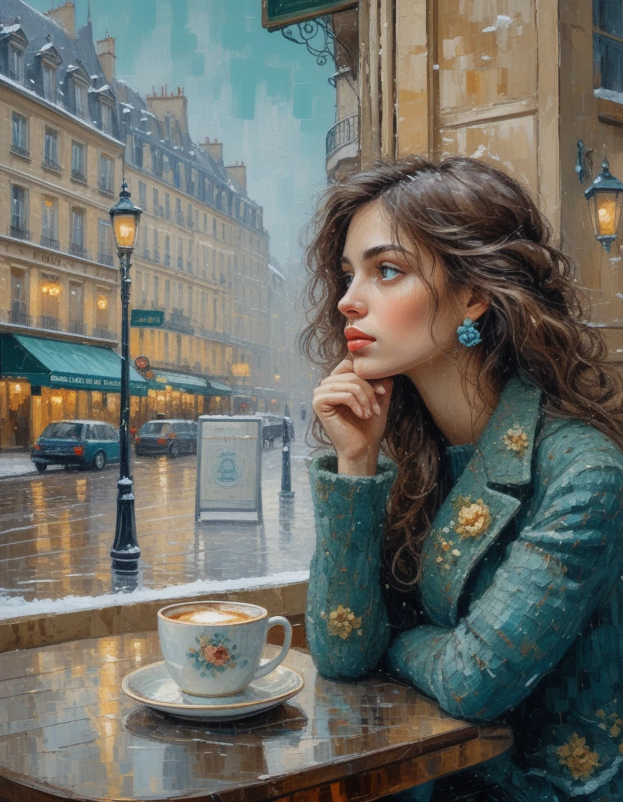 Joven pensativa en un café parisino nevado – pintura