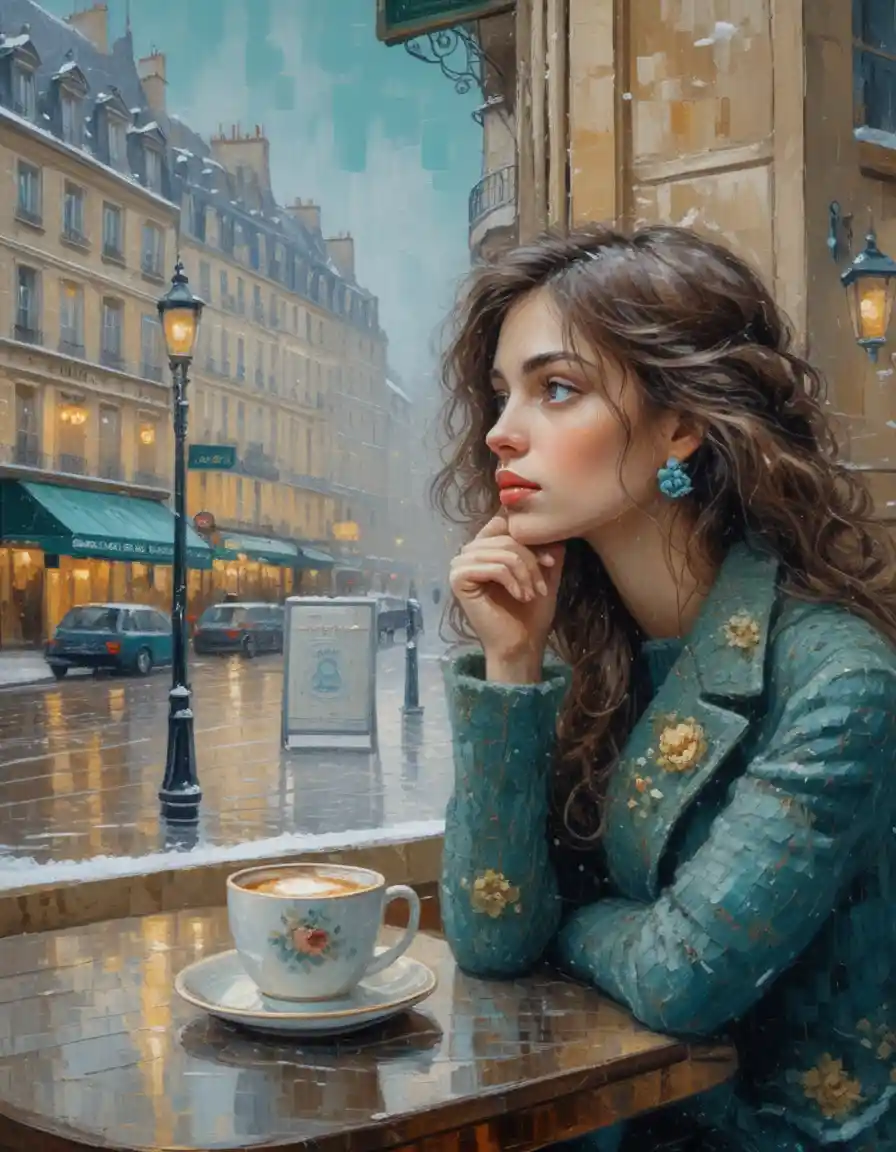 Pensive young woman in a snowy Parisian cafe painting