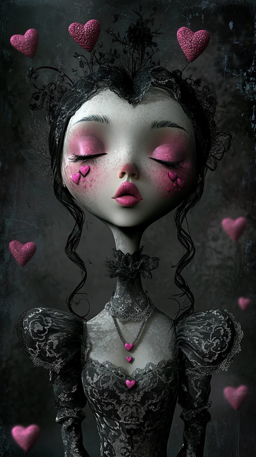 Surreal chick with heart shaped head in lace dress