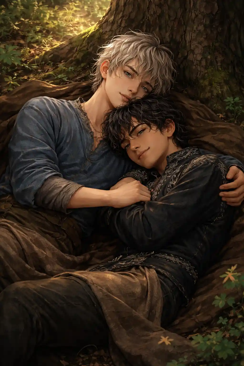 Two young men sleeping together on a forest floor