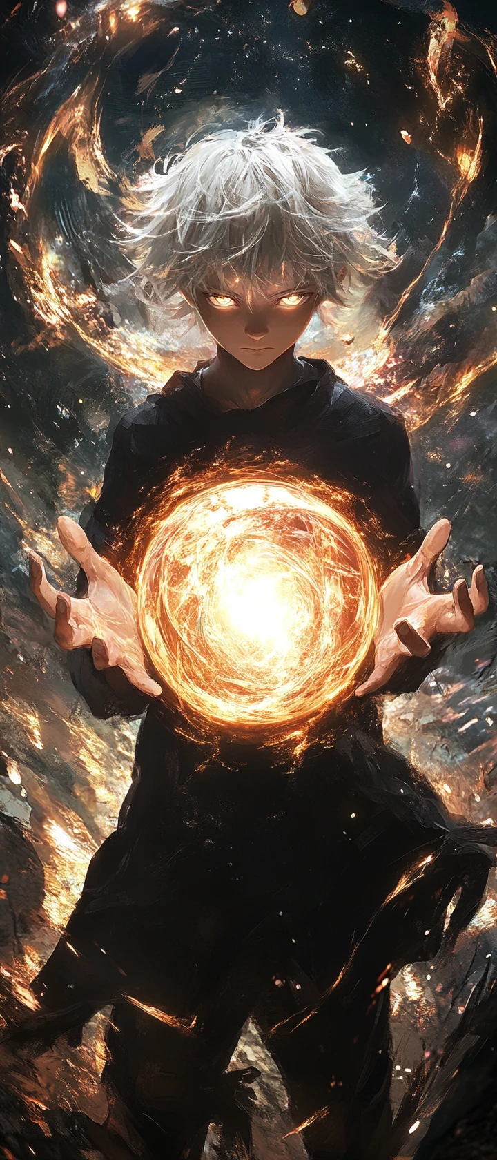 光り輝くオーブを抱く白髪のアニメ少年