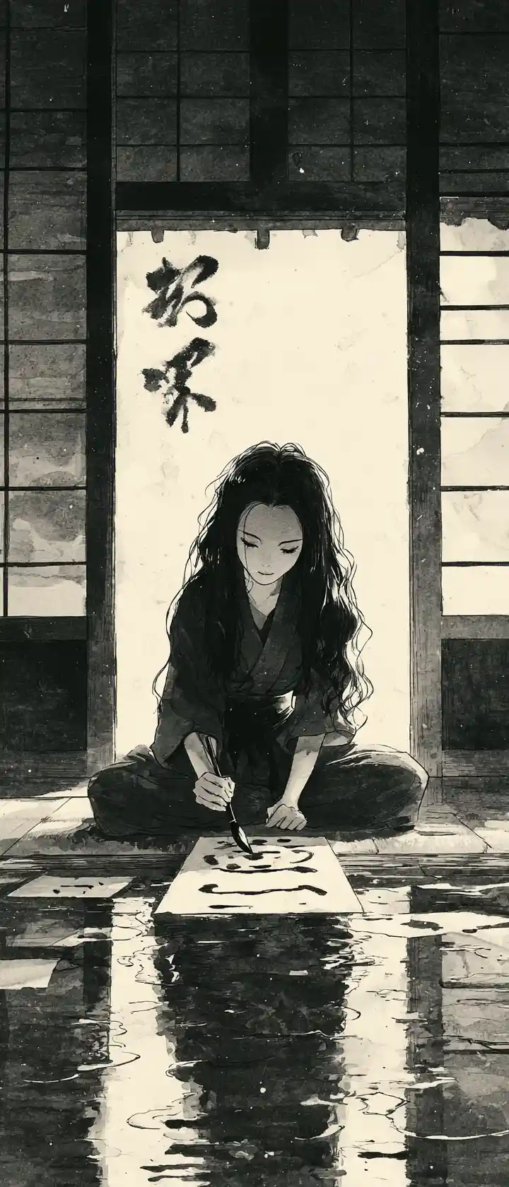 Young woman practicing calligraphy alone in a quiet dojo