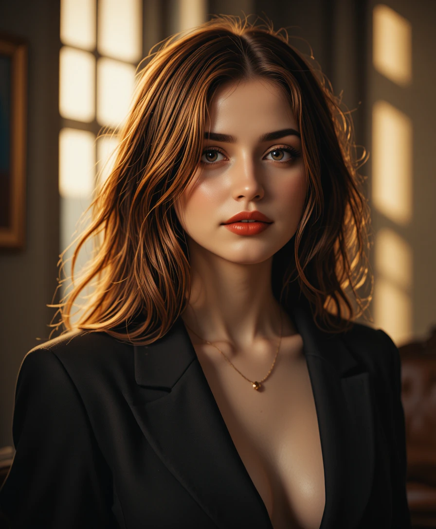 Cinematic close up of an elegant woman in warm window light