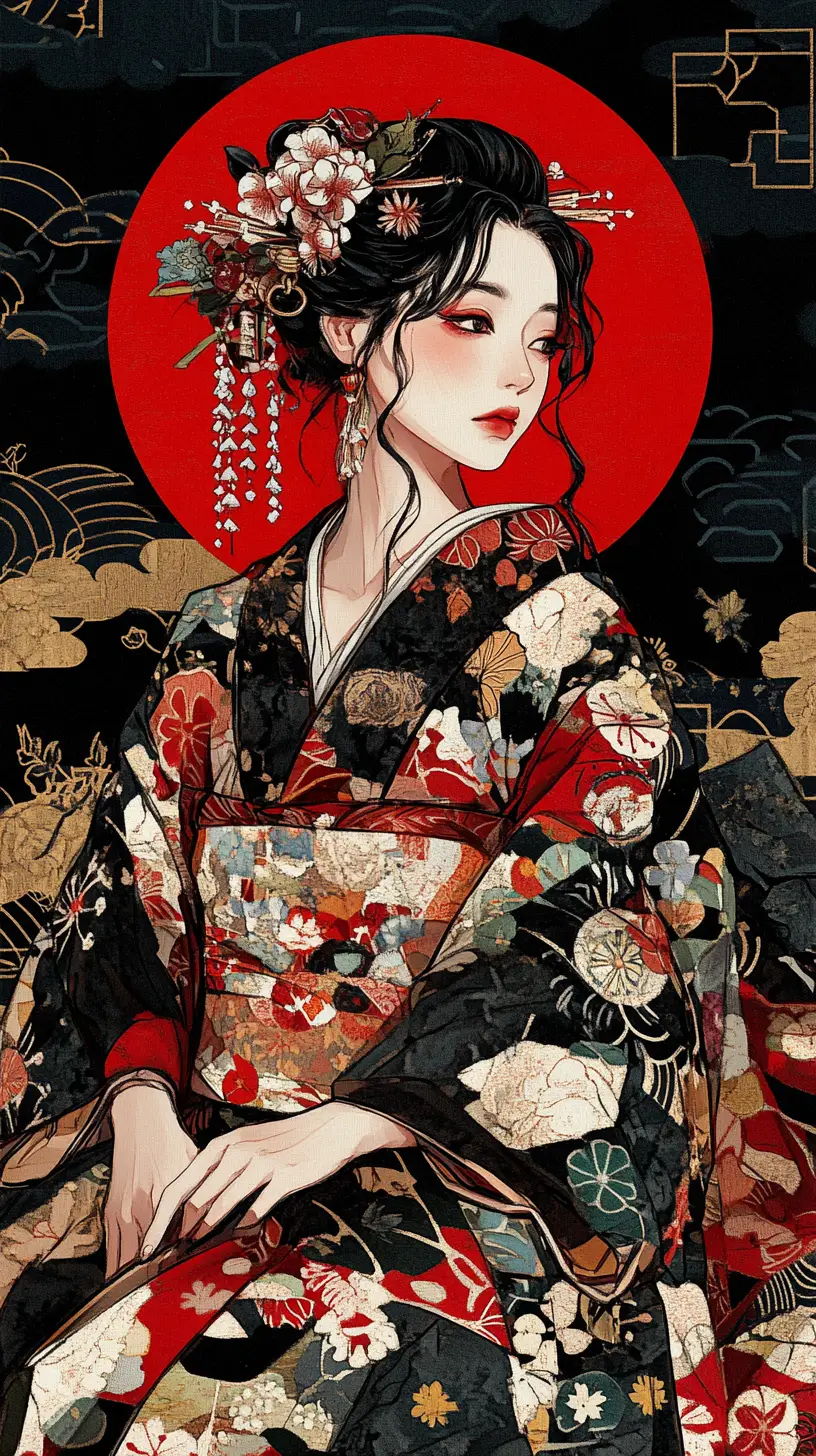 Elegant Japanese woman in kimono with rim lit portrait