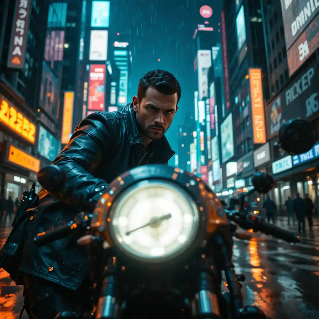 未来的なネオン都市でバイクのそばに立つ拳銃を構えた探偵