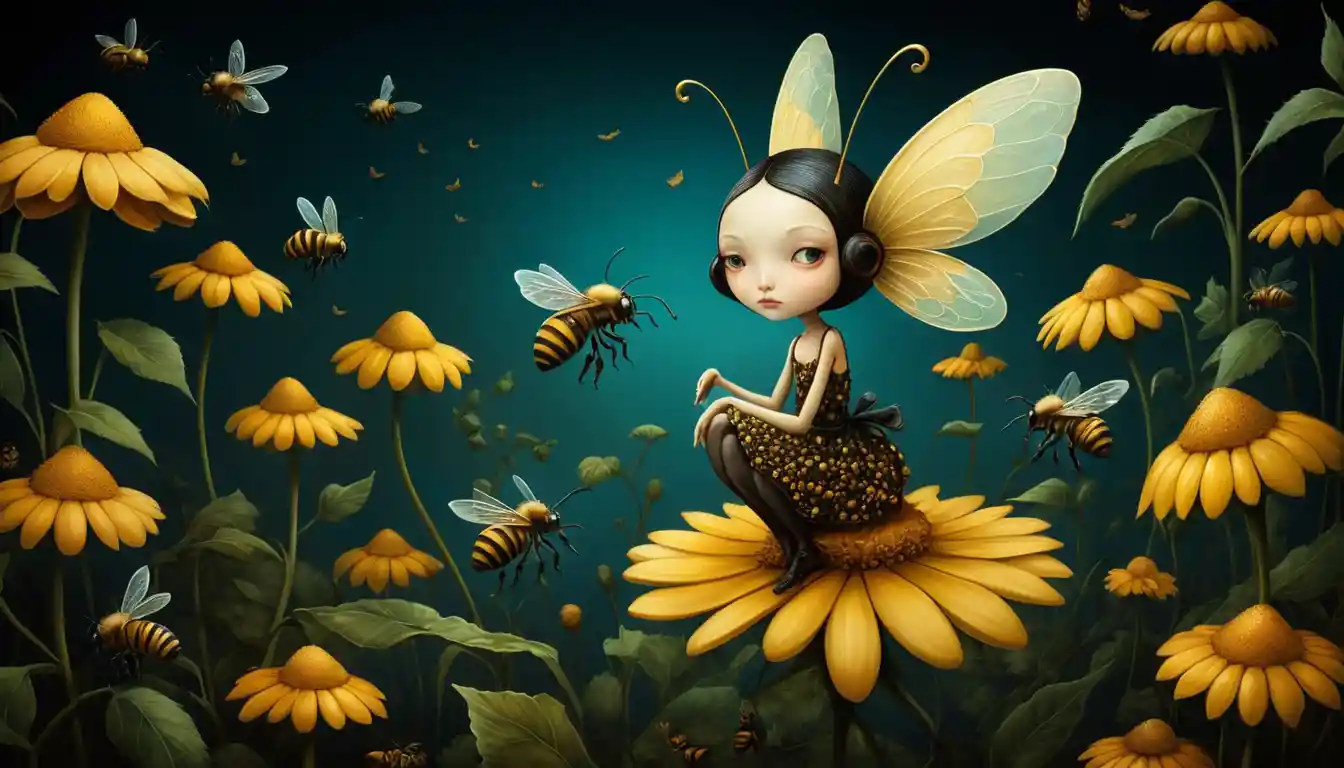 Whimsical bees illustrated in a colorful dreamlike style