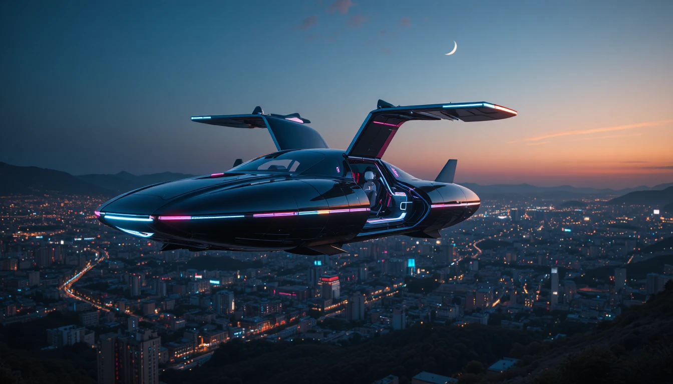 네온 불빛 도시 위를 떠다니는 미래형 UFO 자동차