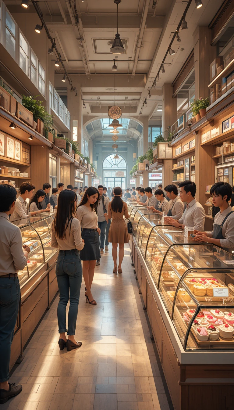 Seção de confeitaria lotada em shopping com famílias admirando sobremesas