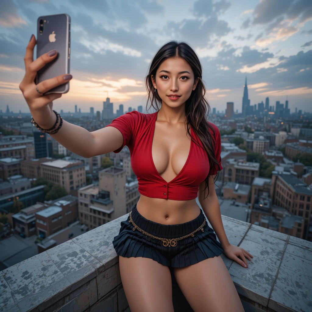 Young woman taking a selfie on a city rooftop at dusk