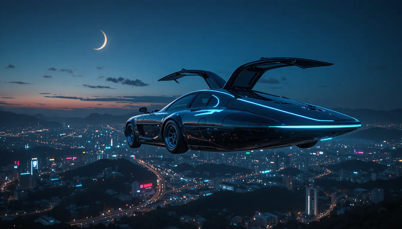 Futuristic UFO Car Hovering Above Neon Lit Metropolis