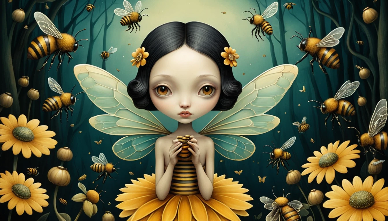 Whimsical bees in a colorful dreamlike illustration