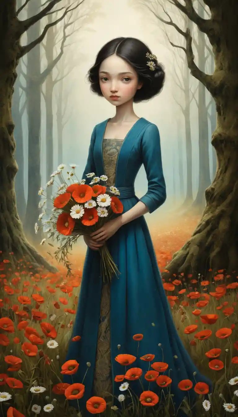 Young girl with wildflower bouquet in dreamy twilight field