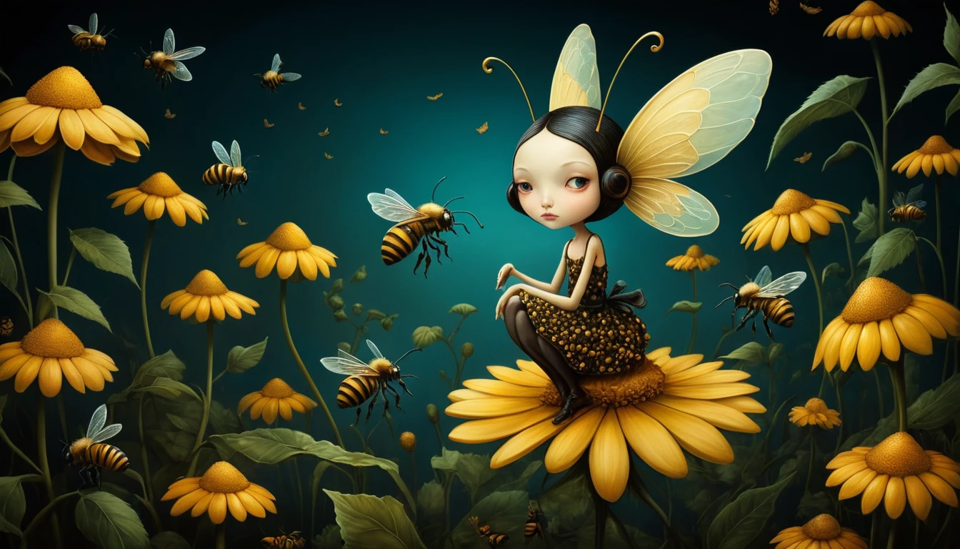 Whimsical bees illustrated in a colorful dreamlike style