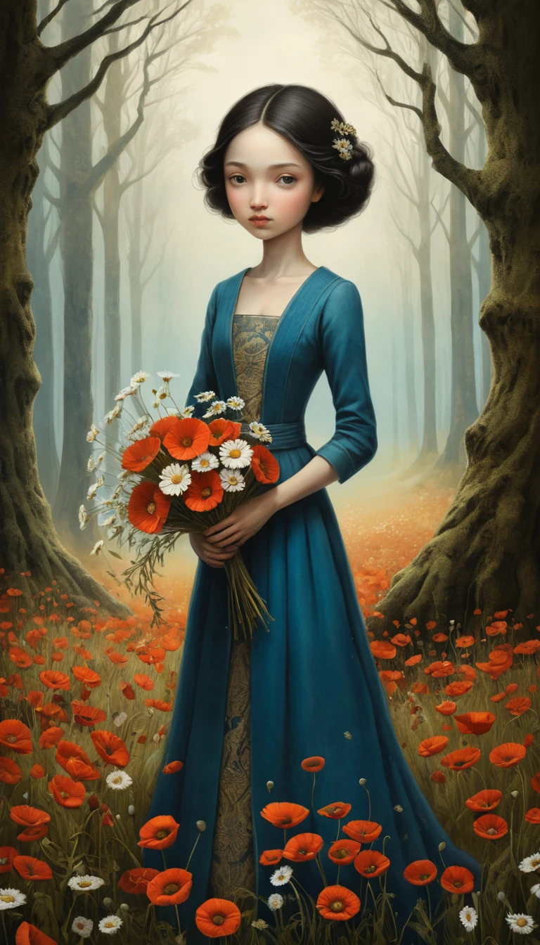 Young girl with wildflower bouquet in dreamy twilight field