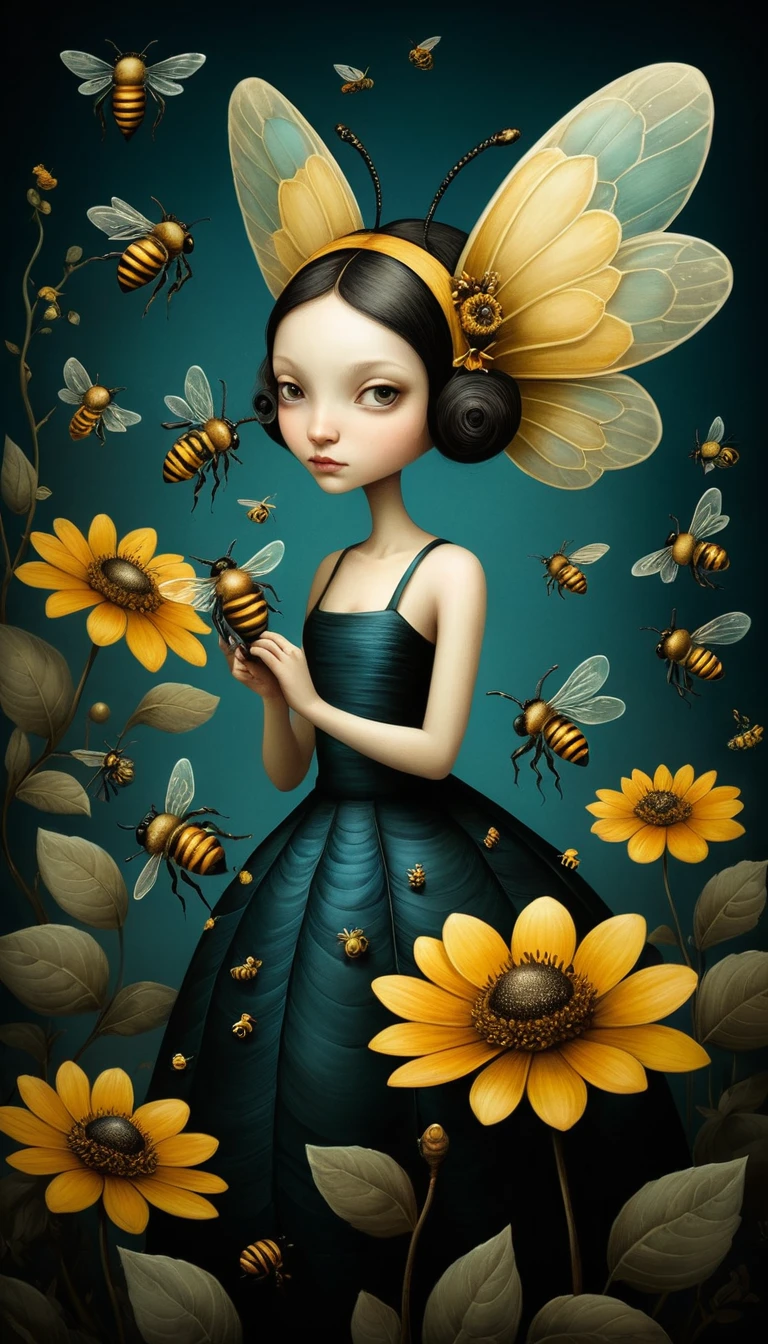 Whimsical illustration of bees in a dreamy colorful style