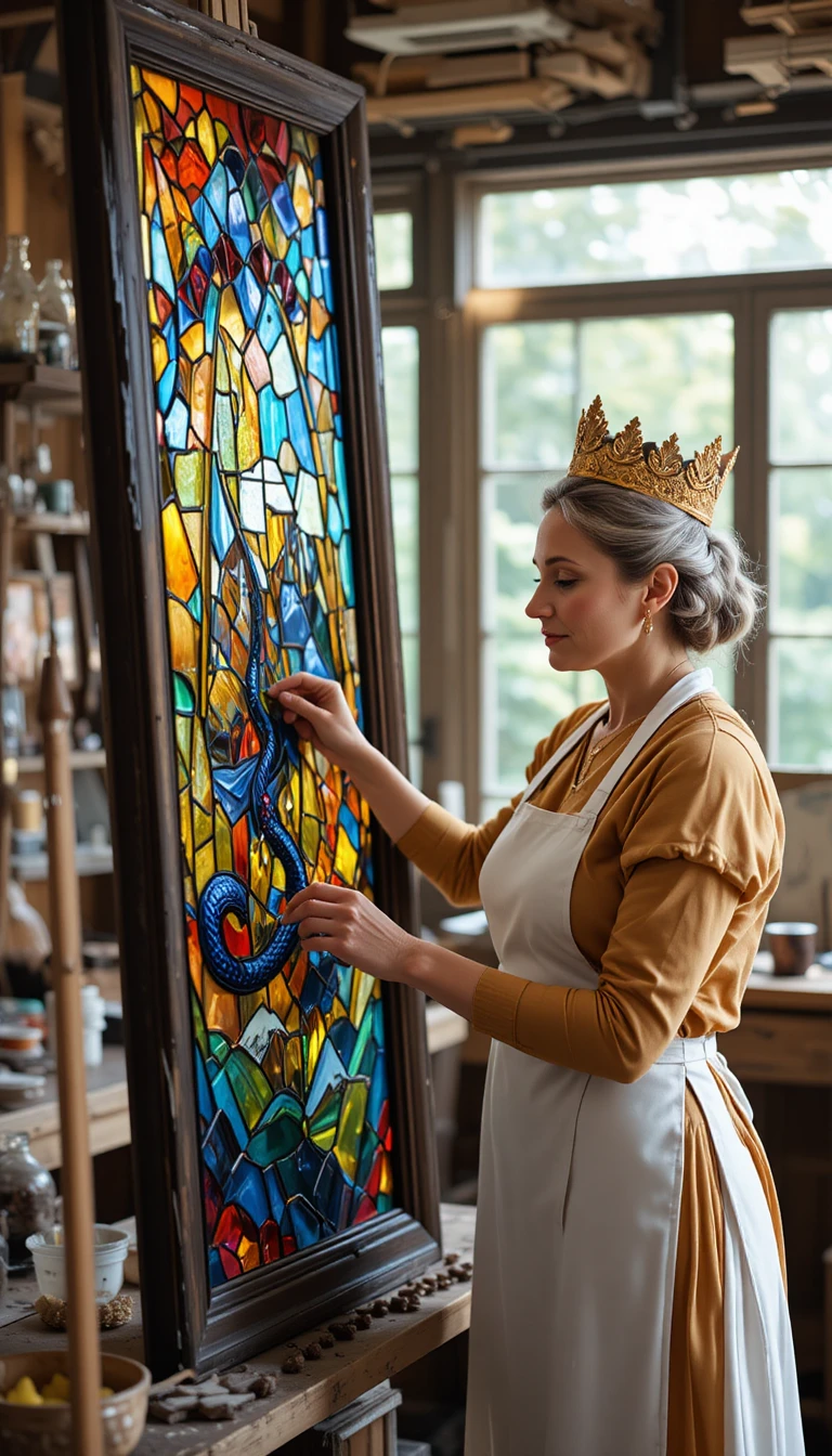 Woman artist crafting a colorful stained glass dragon window